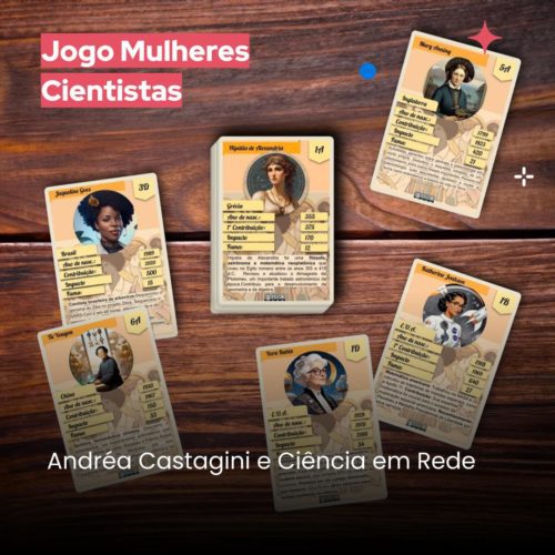 fundo de madeira com cartas do super trunfo e mulheres cientistas