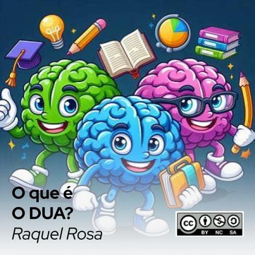 Imagem de fundo azul escuro contendo três cérebros no estilo cartoon, com braços, pernas e expressões faciais de alegria.Suas cores são verde, azul e roxo. O azul está a frente degurando uma malinha. O roxo usa óculos e segura um lápis. O verde ergue o dedo polegar. Acima deles há objetos que remetem à educação: capelo, lâmpada, lápis, livros, gráfico.